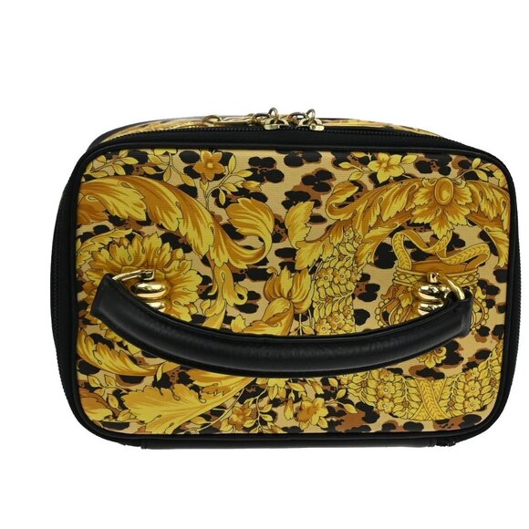 GIANNI VERSACE Logo Sun Vanity Hand Bag PVC Leather Black Gold - Picture 6 of 16